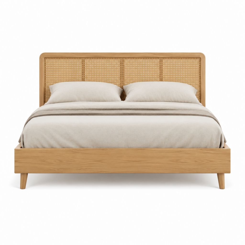 Doppelbett Bettgestell Naturfarben aus Eichen-Massivholz und Rattan 160 x 200 cm