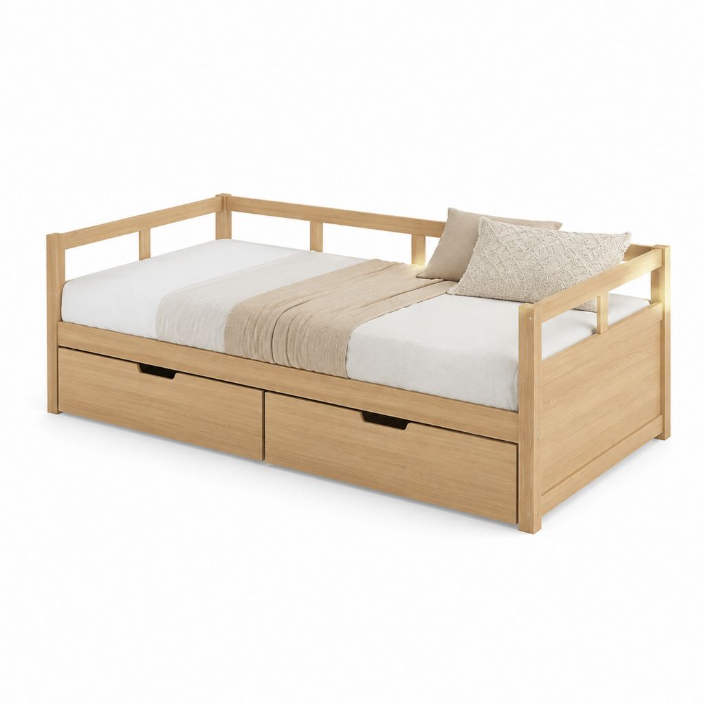 Tagesbett mit 2 Schubladen Natur Massives Kiefernholz 90 x 200 cm
