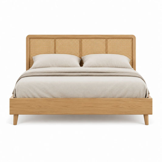 Doppelbett Bettgestell Naturfarben aus Eichen-Massivholz und Rattan 160 x 200 cm