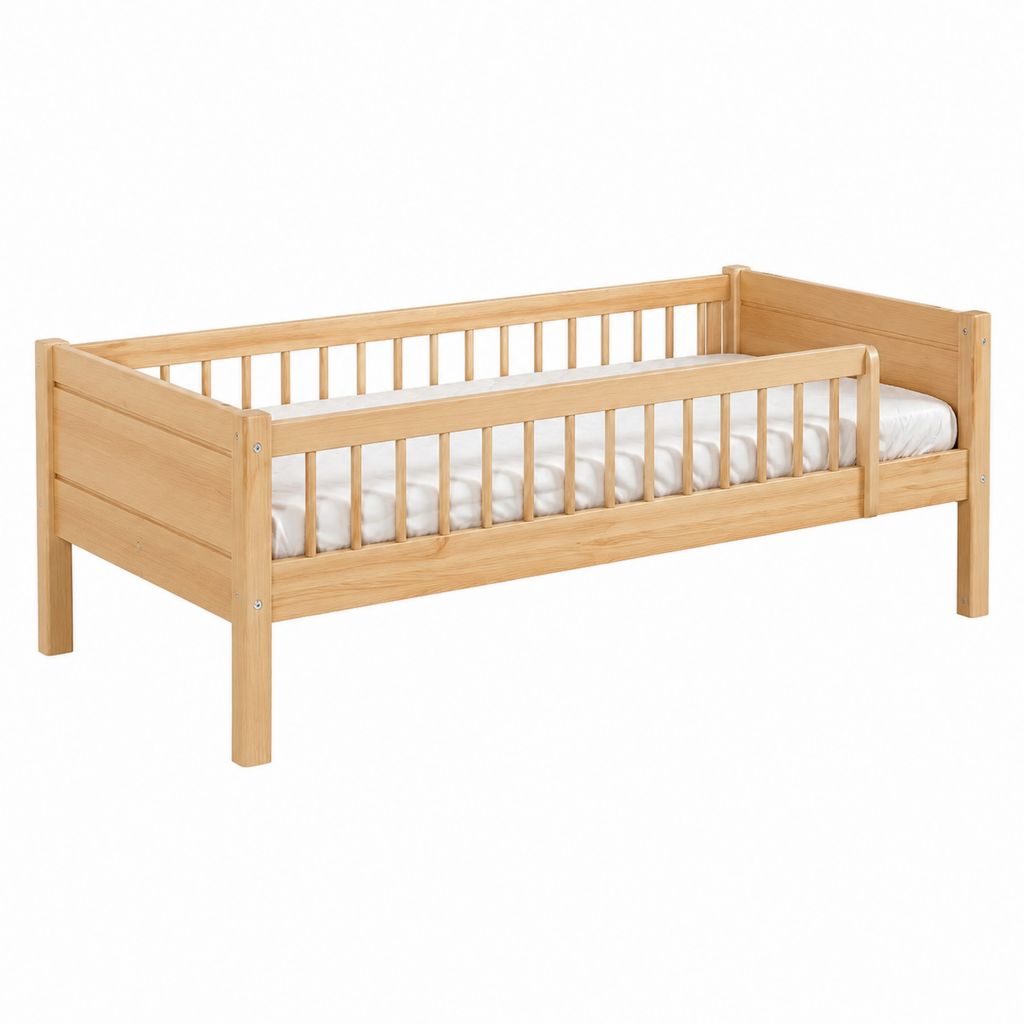 Kinderbett mit Rausfallschutz Natur Massives Kiefernholz Rechteckig 140 x 70 cm 145 x 76 x 60 cm