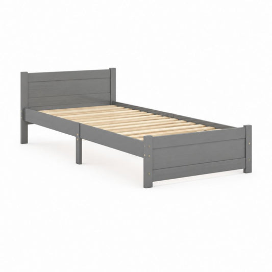 Einzelbett Bettgestell Grau aus massivem Kiefernholz mit Lattenrost 90 x 200 cm