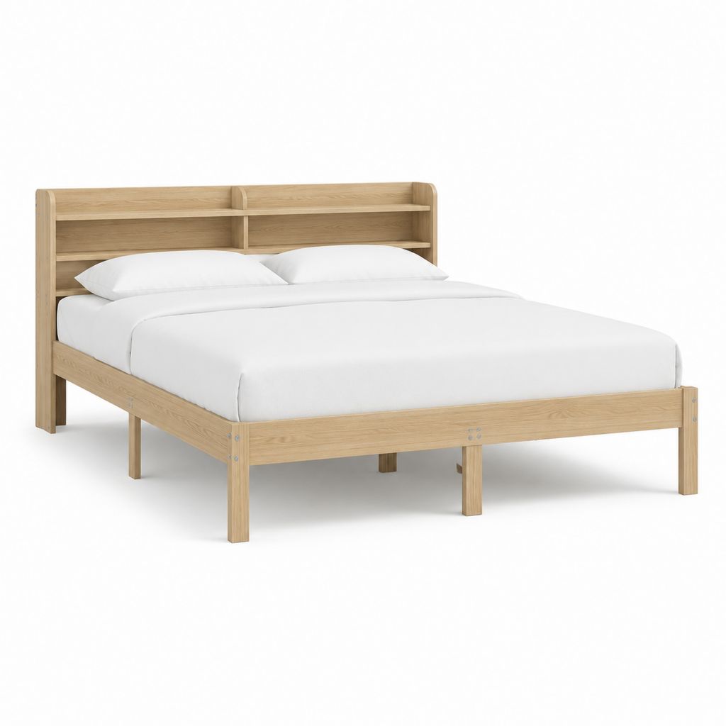 Doppelbett Bettgestell Natur aus massiver Eiche mit Regal Kopfteil 160 x 200 cm