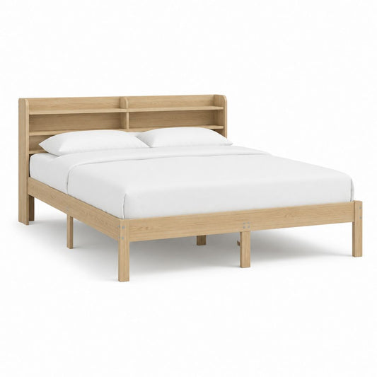 Doppelbett Bettgestell Natur aus massiver Eiche mit Regal Kopfteil 160 x 200 cm